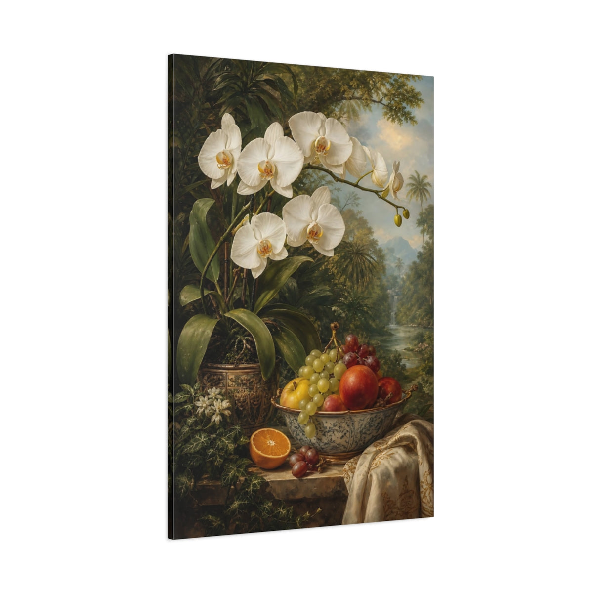 Side Mockup 1. Floral White Orchid Orchid Still Life shown as stretched canvas wall art