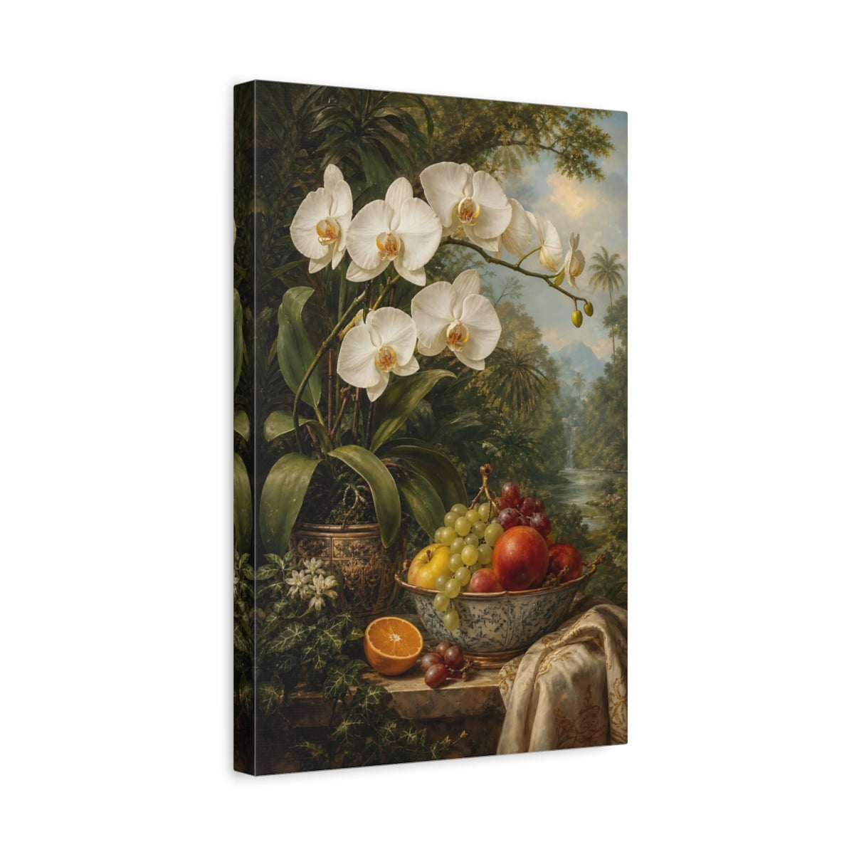 Side Mockup 4. Floral White Orchid Orchid Still Life shown as stretched canvas wall art