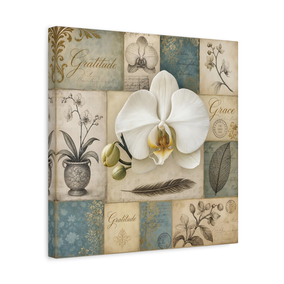 Side Mockup 6. Floral White Orchid Vintage Orchid shown as stretched canvas wall art