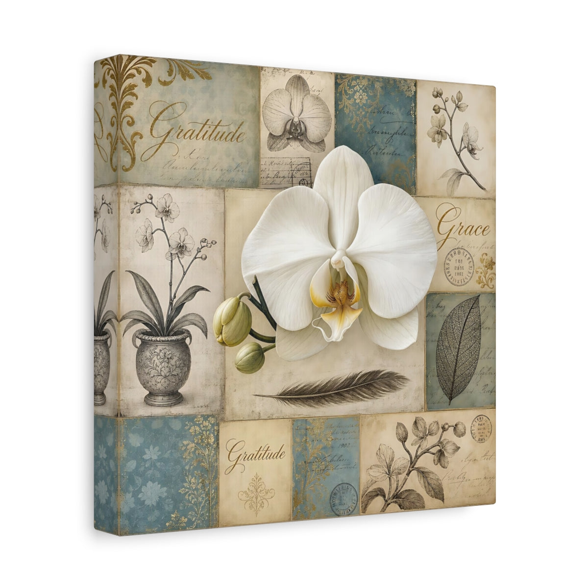 Side Mockup 9. Floral White Orchid Vintage Orchid shown as stretched canvas wall art