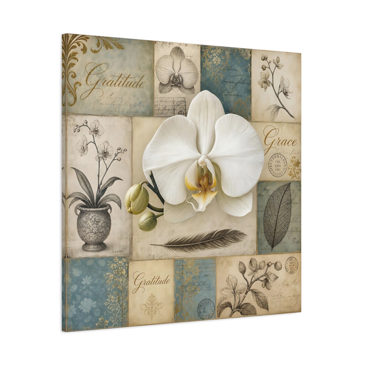 Side Mockup 1. Floral White Orchid Vintage Orchid shown as stretched canvas wall art