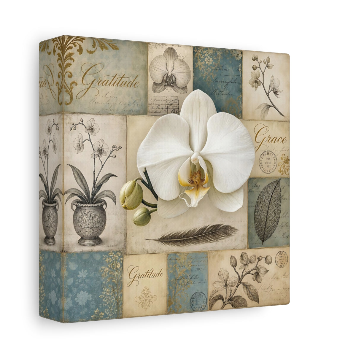 Side Mockup 2. Floral White Orchid Vintage Orchid shown as stretched canvas wall art