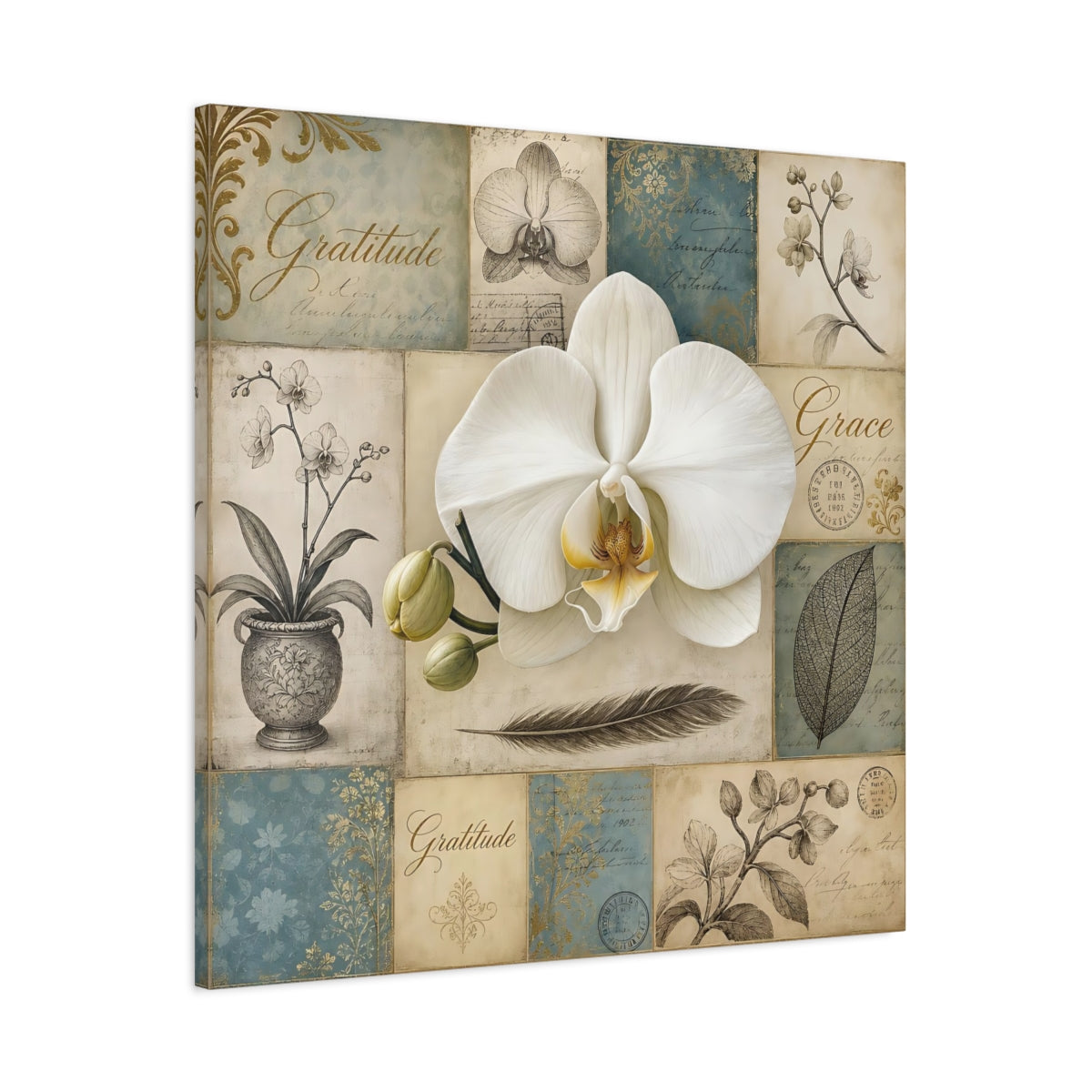 Main Mockup. Floral White Orchid Vintage Orchid shown as stretched canvas wall art