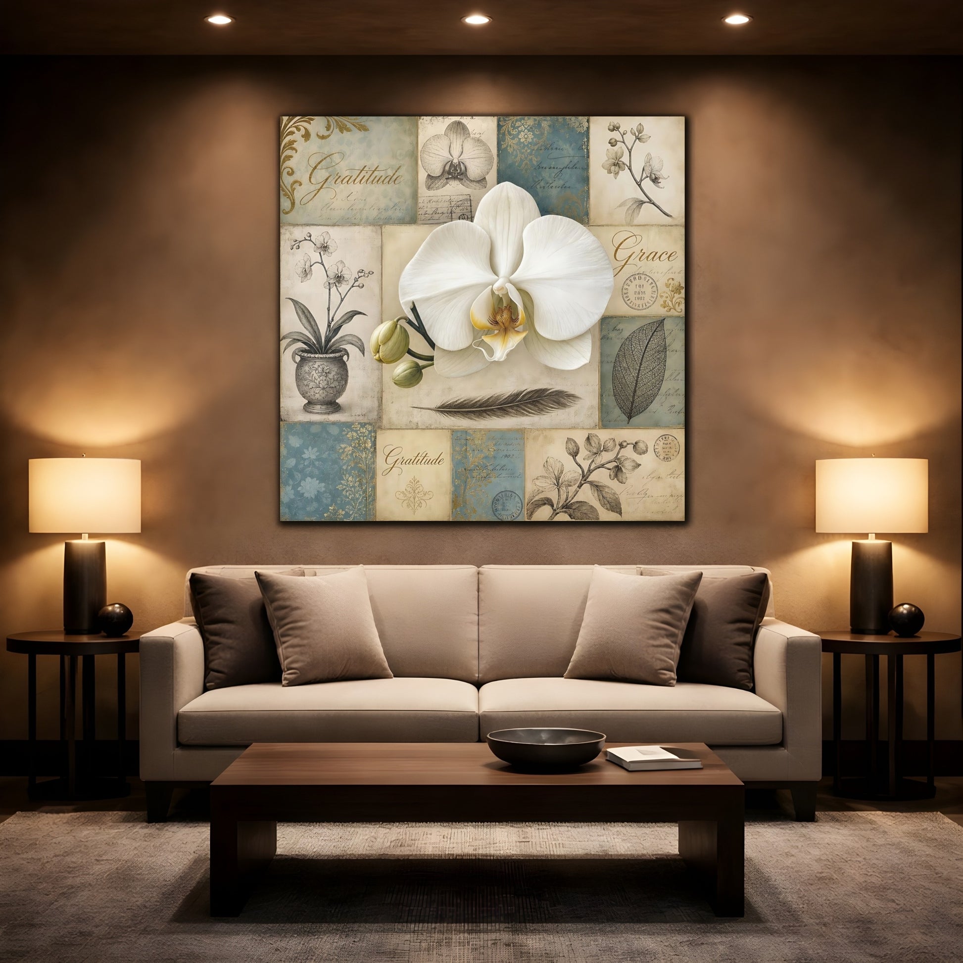 Mockup 2. Floral White Orchid Vintage Orchid shown as stretched canvas wall art