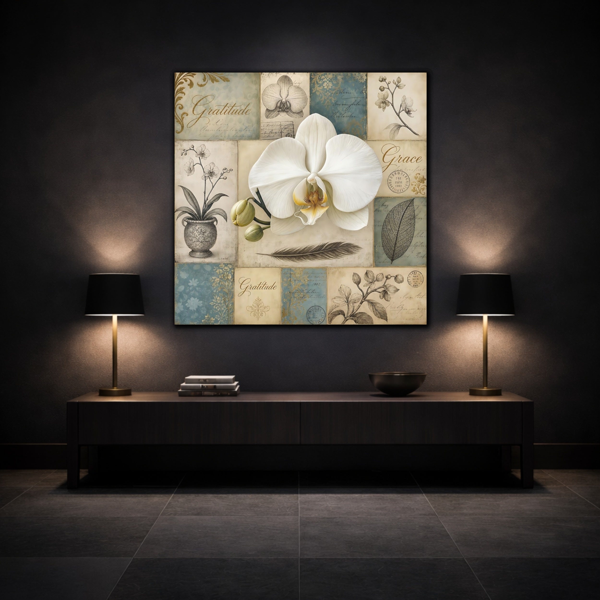 Mockup 3. Floral White Orchid Vintage Orchid shown as stretched canvas wall art