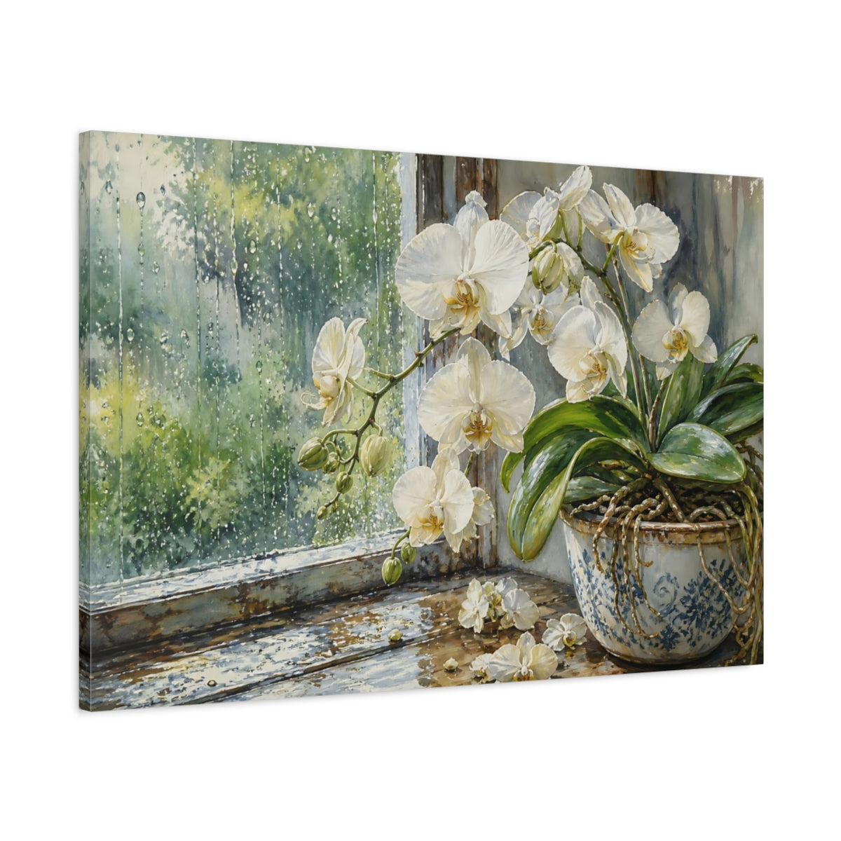 Main Mockup. Floral White Orchid White Orchid Rainy shown as stretched canvas wall art