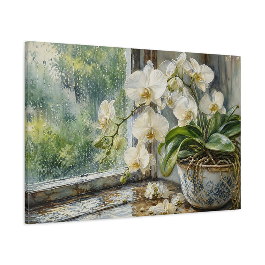 Main Mockup. Floral White Orchid White Orchid Rainy shown as stretched canvas wall art