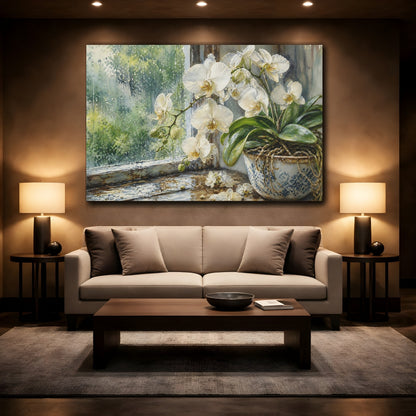 Mockup 2. Floral White Orchid White Orchid Rainy shown as stretched canvas wall art