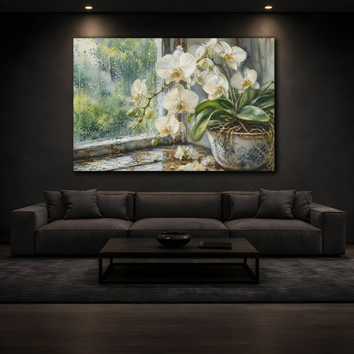 Mockup 3. Floral White Orchid White Orchid Rainy shown as stretched canvas wall art