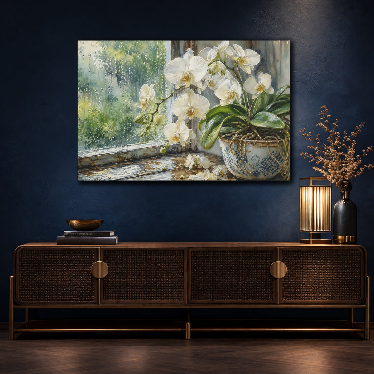 Mockup 4. Floral White Orchid White Orchid Rainy shown as stretched canvas wall art