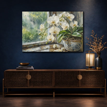 Mockup 4. Floral White Orchid White Orchid Rainy shown as stretched canvas wall art