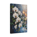 Side Mockup 4. Floral White Orchids White And Blue Floral shown as stretched canvas wall art