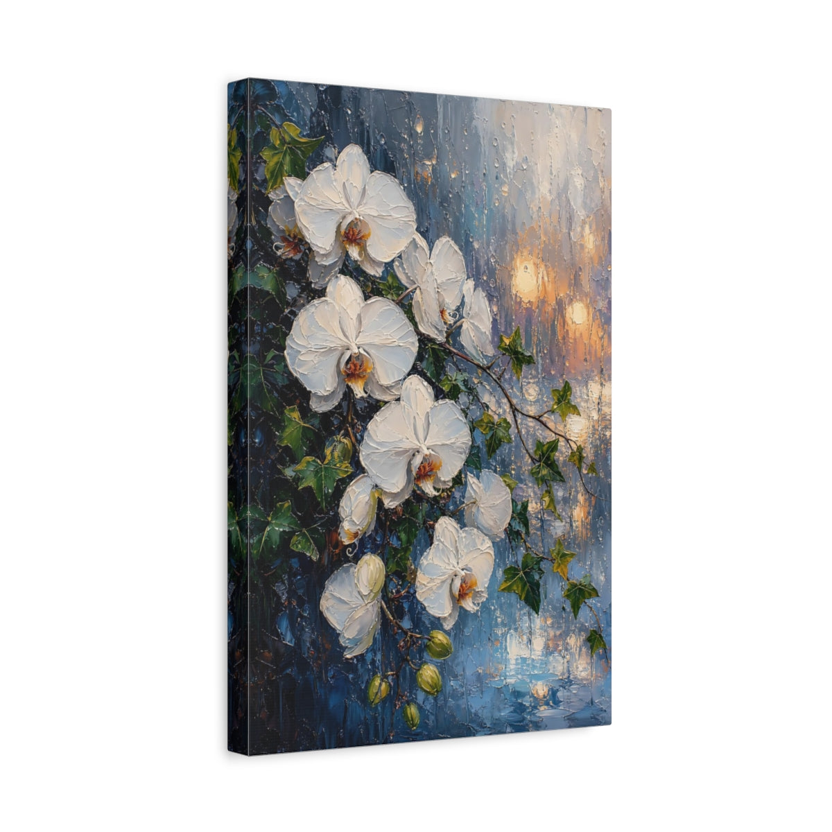 Side Mockup 4. Floral White Orchids White And Blue Floral shown as stretched canvas wall art