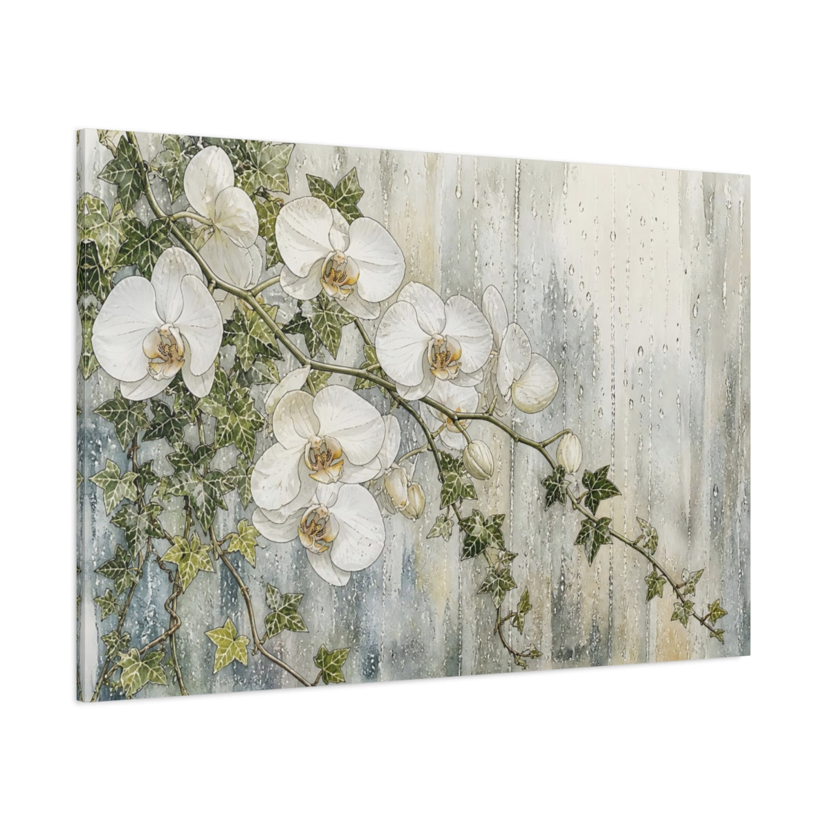 Side Mockup 1. Floral White Orchids White And Green shown as stretched canvas wall art