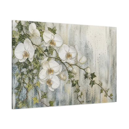 Side Mockup 1. Floral White Orchids White And Green shown as stretched canvas wall art