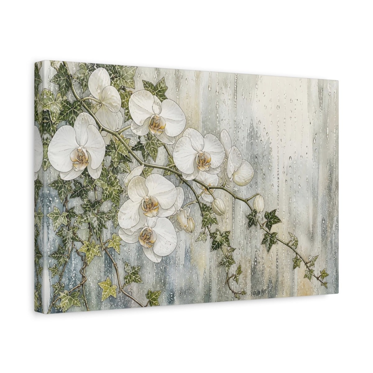 Side Mockup 4. Floral White Orchids White And Green shown as stretched canvas wall art