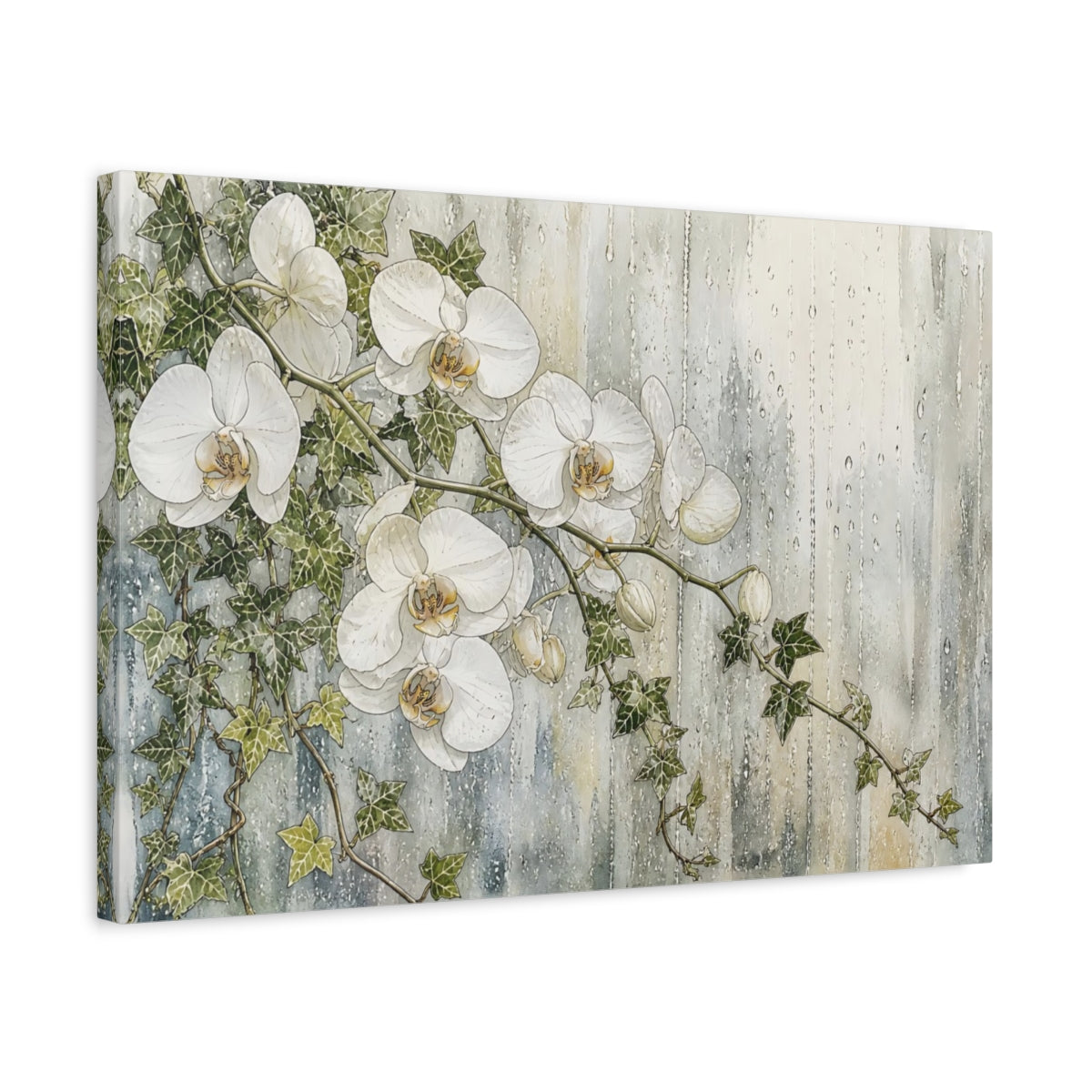 Side Mockup 3. Floral White Orchids White And Green shown as stretched canvas wall art