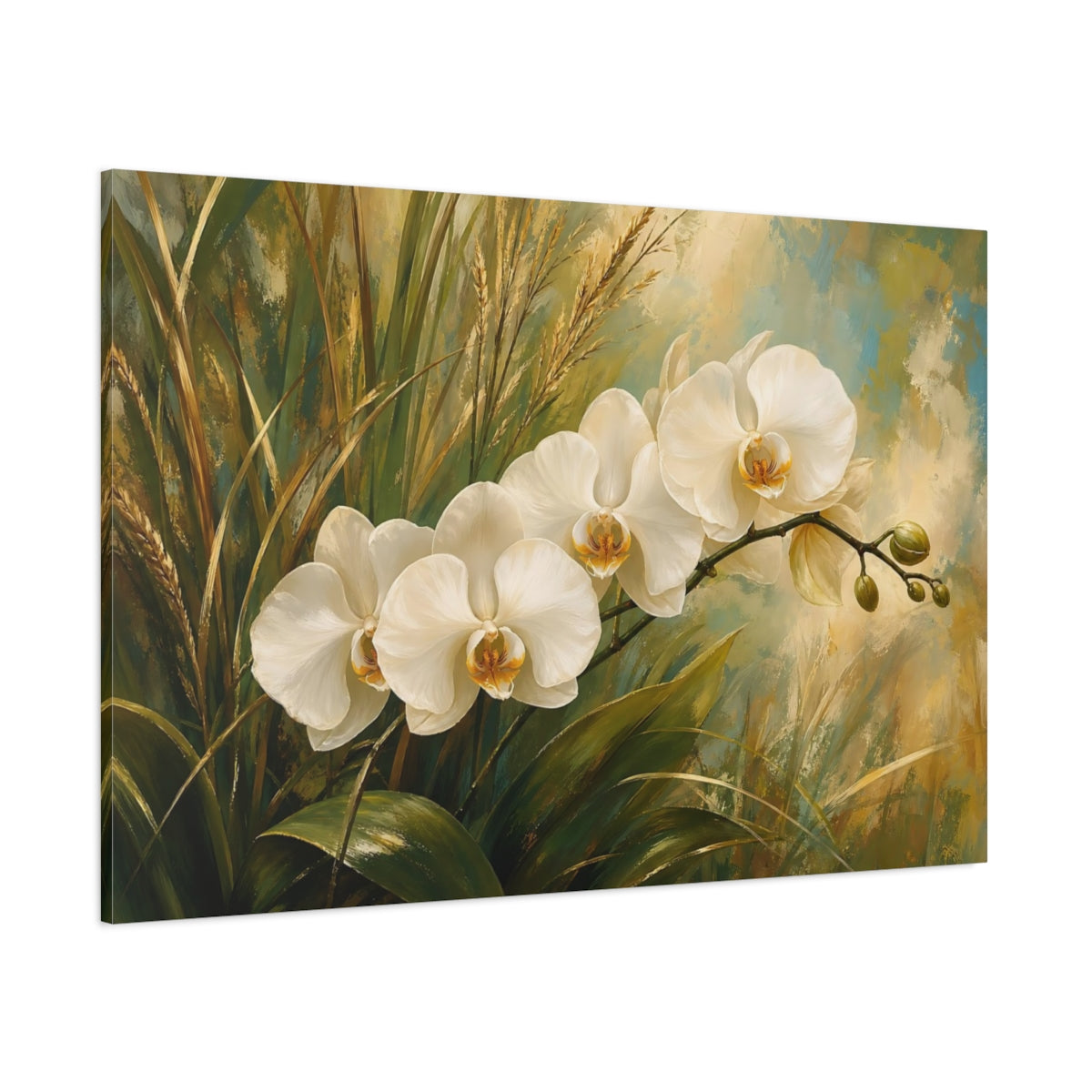 Side Mockup 1. Floral White Orchids White Orchid Art shown as stretched canvas wall art
