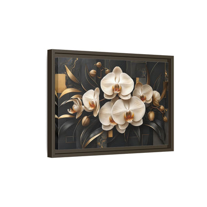 Side Mockup 5. Floral White Orchids Black And Gold shown as stretched canvas wall art