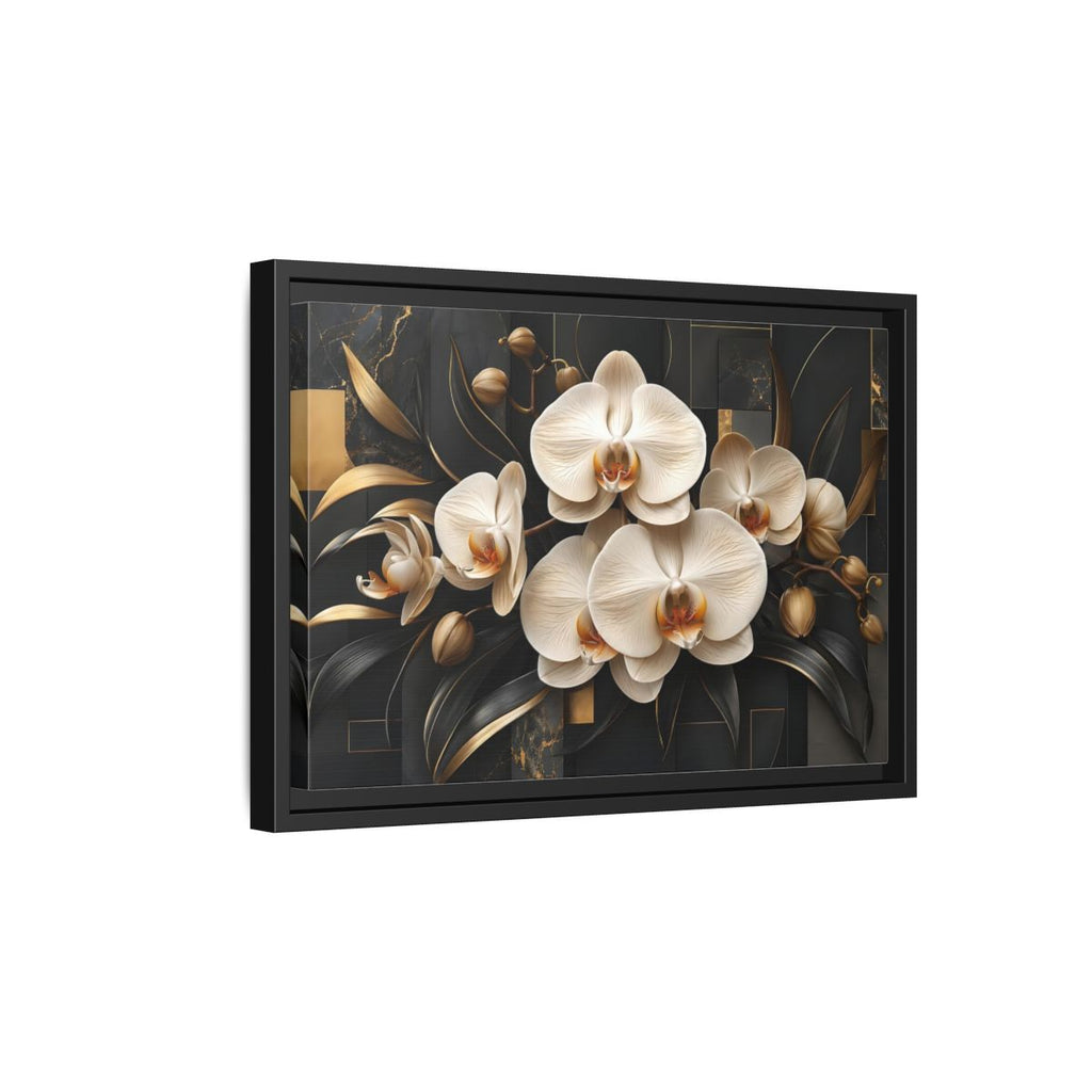 Side Mockup 6. Floral White Orchids Black And Gold shown as stretched canvas wall art