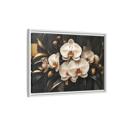 Side Mockup 1. Floral White Orchids Black And Gold shown as stretched canvas wall art