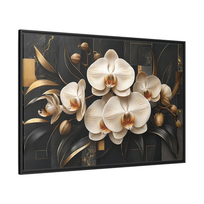 Side Mockup 12. Floral White Orchids Black And Gold shown as stretched canvas wall art