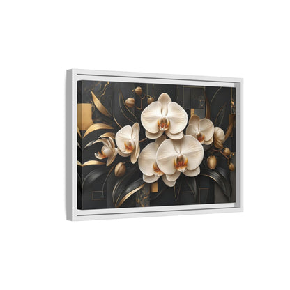 Side Mockup 4. Floral White Orchids Black And Gold shown as stretched canvas wall art