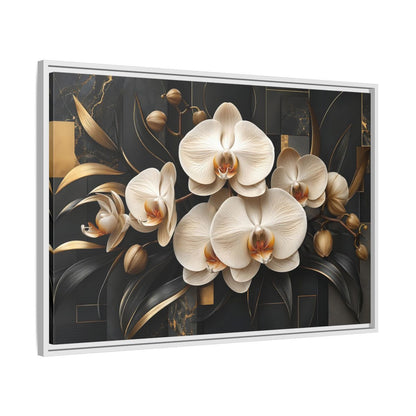 Side Mockup 9. Floral White Orchids Black And Gold shown as stretched canvas wall art