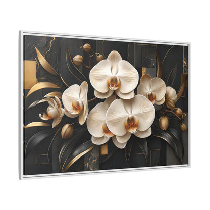 Side Mockup 7. Floral White Orchids Black And Gold shown as stretched canvas wall art