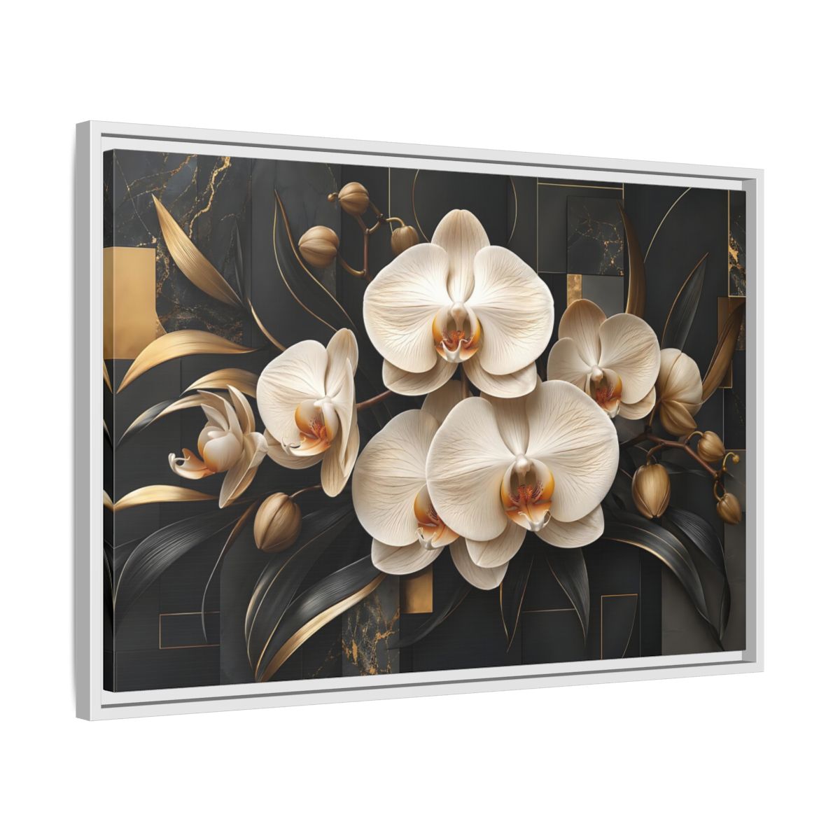 Side Mockup 10. Floral White Orchids Black And Gold shown as stretched canvas wall art