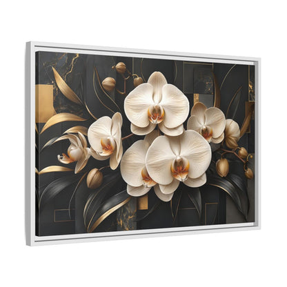 Side Mockup 10. Floral White Orchids Black And Gold shown as stretched canvas wall art