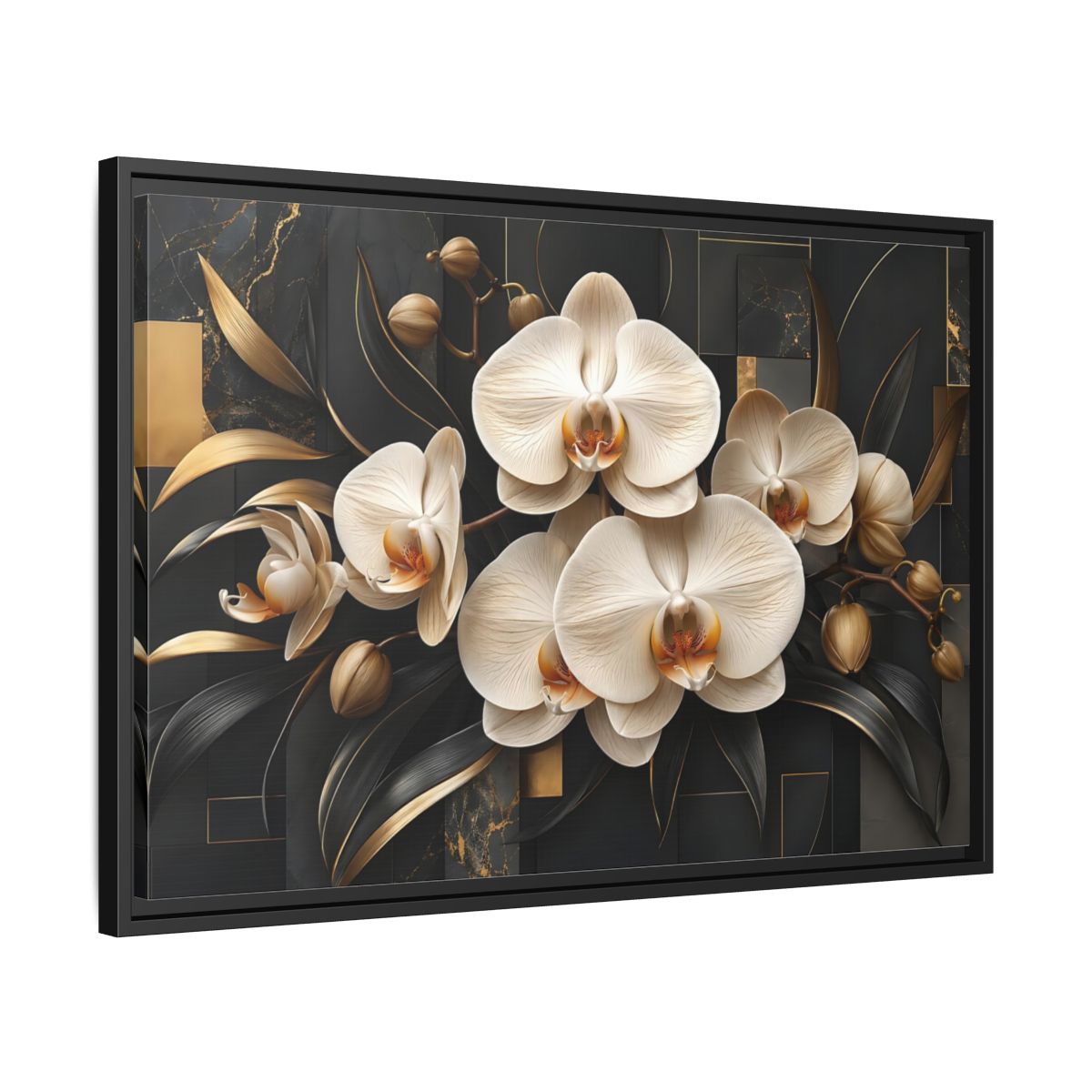 Side Mockup 14. Floral White Orchids Black And Gold shown as stretched canvas wall art