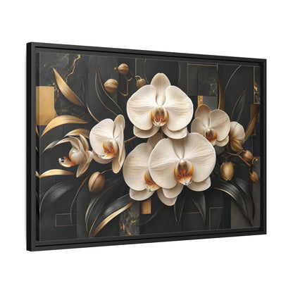 Side Mockup 14. Floral White Orchids Black And Gold shown as stretched canvas wall art