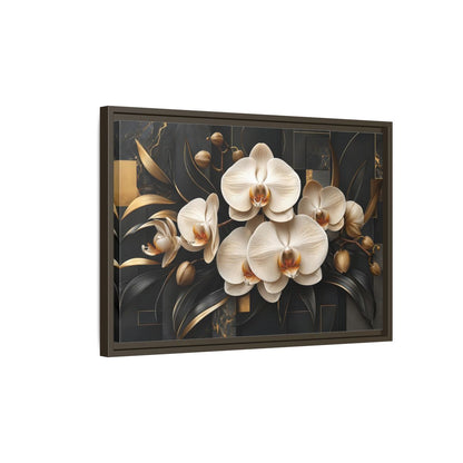 Side Mockup 2. Floral White Orchids Black And Gold shown as stretched canvas wall art