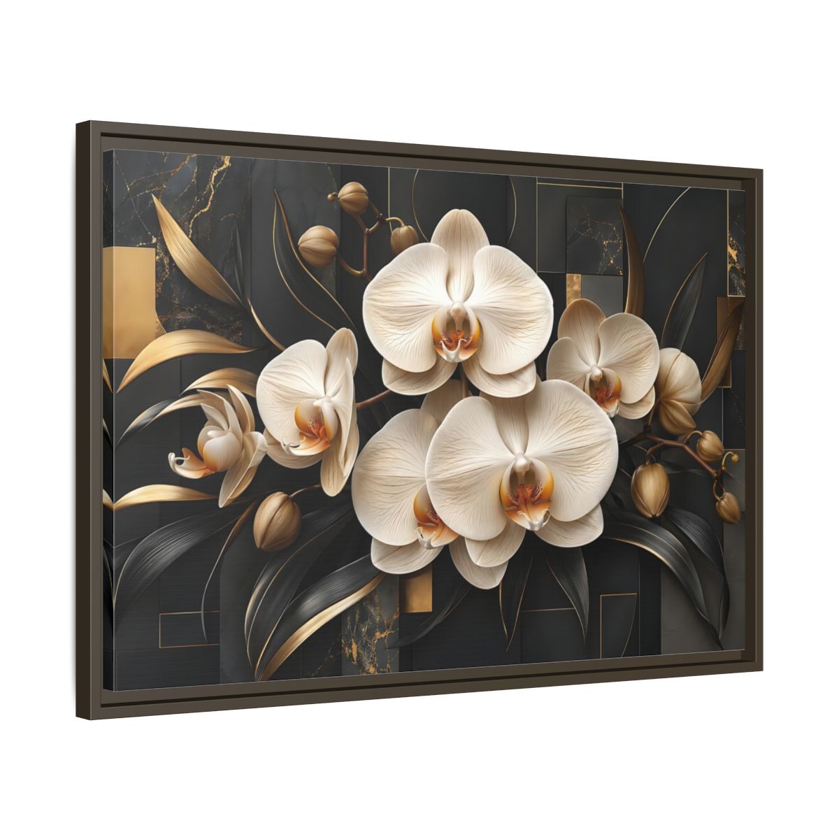 Side Mockup 11. Floral White Orchids Black And Gold shown as stretched canvas wall art