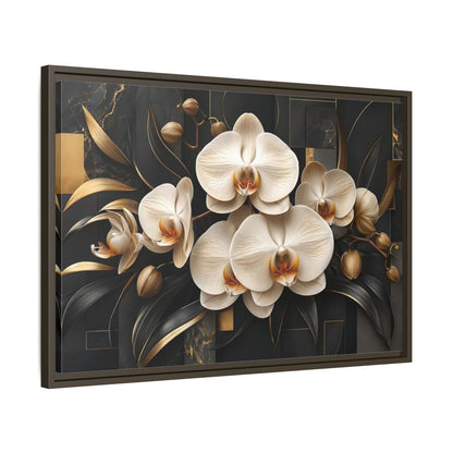 Side Mockup 11. Floral White Orchids Black And Gold shown as stretched canvas wall art