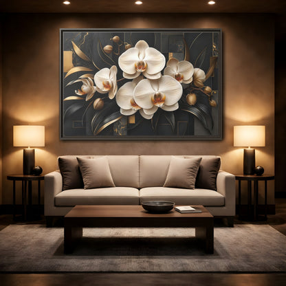 Mockup 2. Floral White Orchids Black And Gold shown as stretched canvas wall art