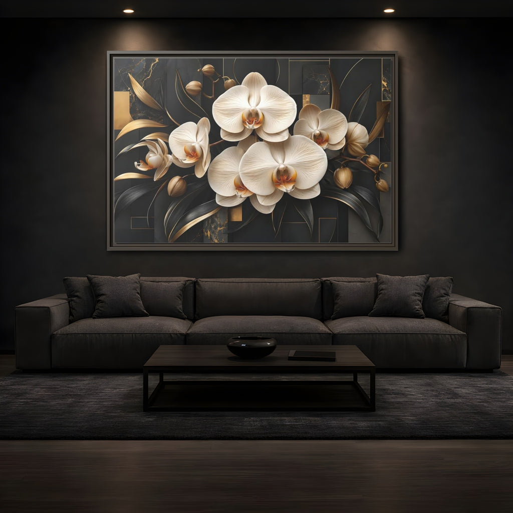 Mockup 3. Floral White Orchids Black And Gold shown as stretched canvas wall art