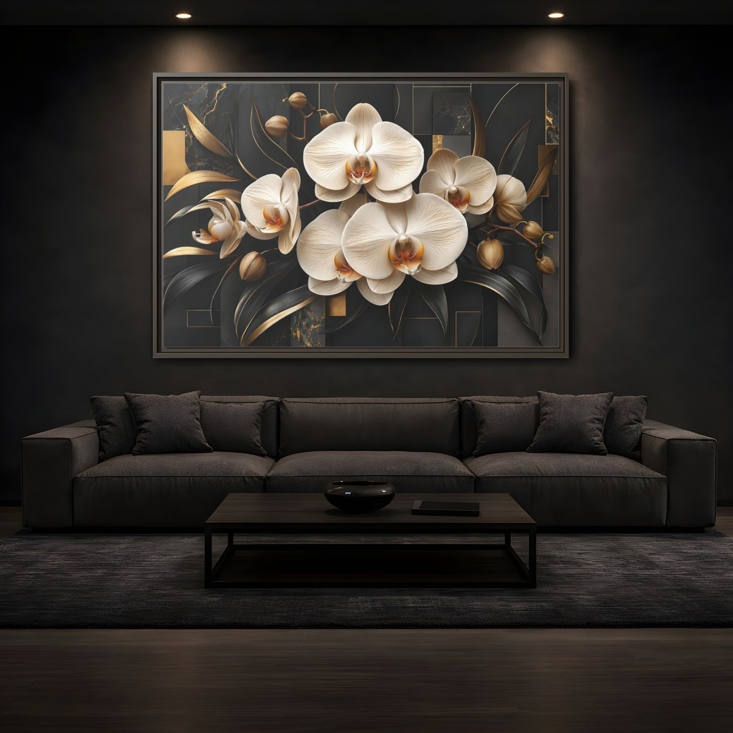 Mockup 3. Floral White Orchids Black And Gold shown as stretched canvas wall art