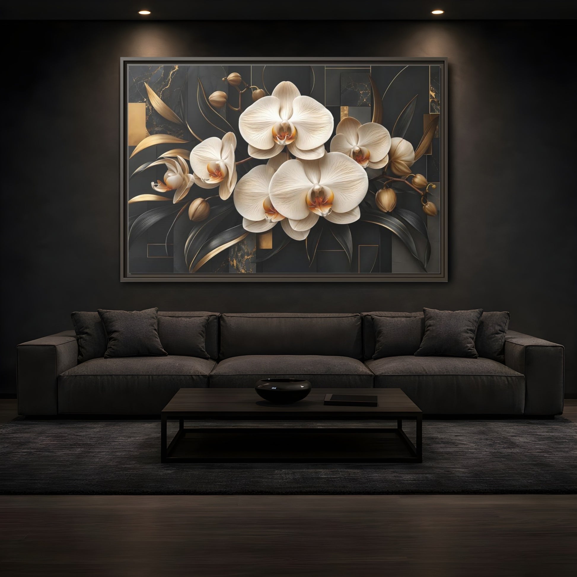 Mockup 3. Floral White Orchids Black And Gold shown as stretched canvas wall art