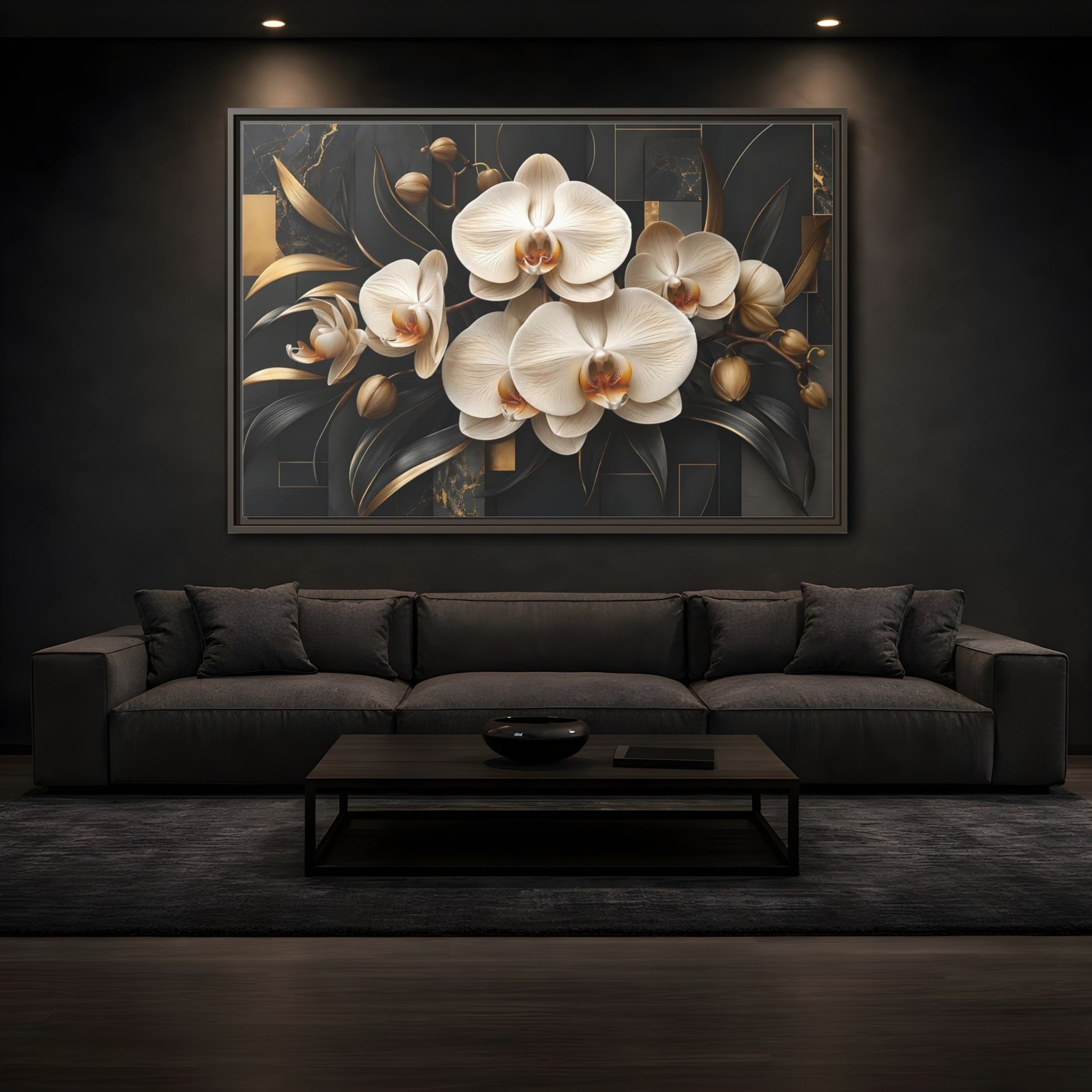 Mockup 3. Floral White Orchids Black And Gold shown as stretched canvas wall art