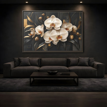 Mockup 3. Floral White Orchids Black And Gold shown as stretched canvas wall art