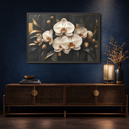 Mockup 4. Floral White Orchids Black And Gold shown as stretched canvas wall art