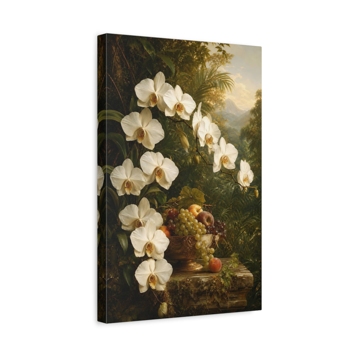 Side Mockup 4. Floral White Orchids White Orchids shown as stretched canvas wall art