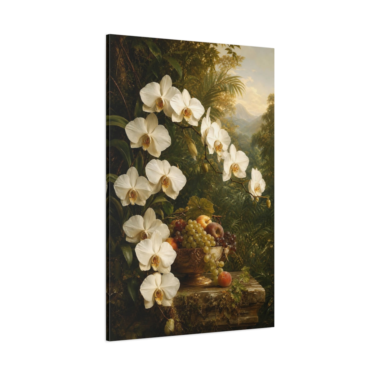 Side Mockup 1. Floral White Orchids White Orchids shown as stretched canvas wall art