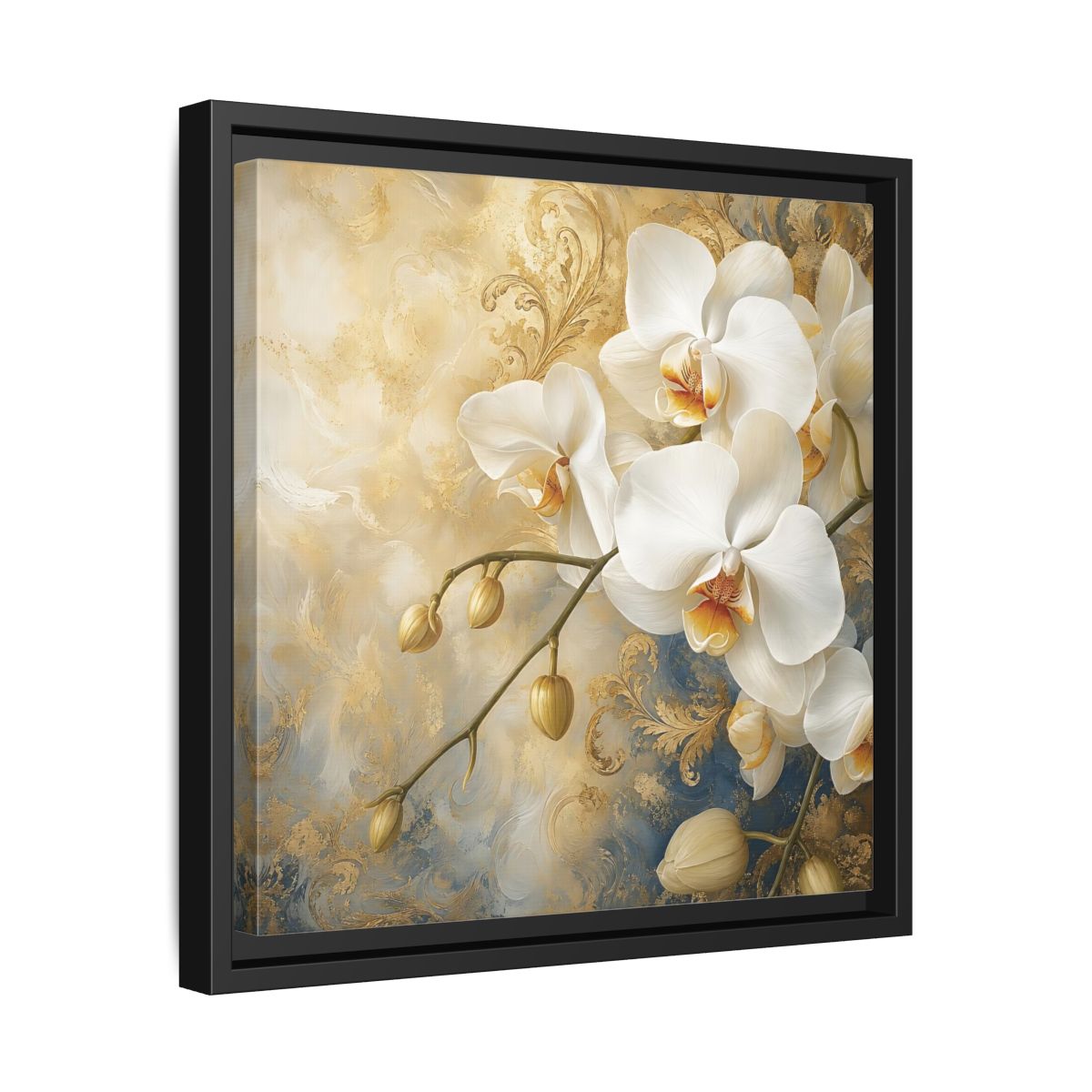 Side Mockup 32. Floral White Orchids White Gold Blue Floral shown as stretched canvas wall art
