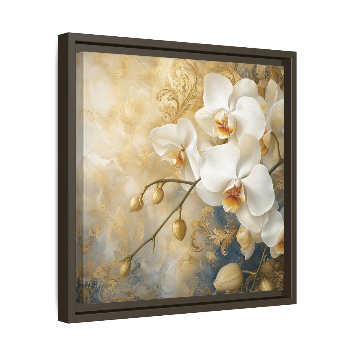 Side Mockup 29. Floral White Orchids White Gold Blue Floral shown as stretched canvas wall art