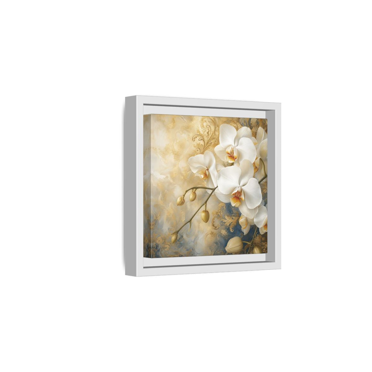 Side Mockup 1. Floral White Orchids White Gold Blue Floral shown as stretched canvas wall art