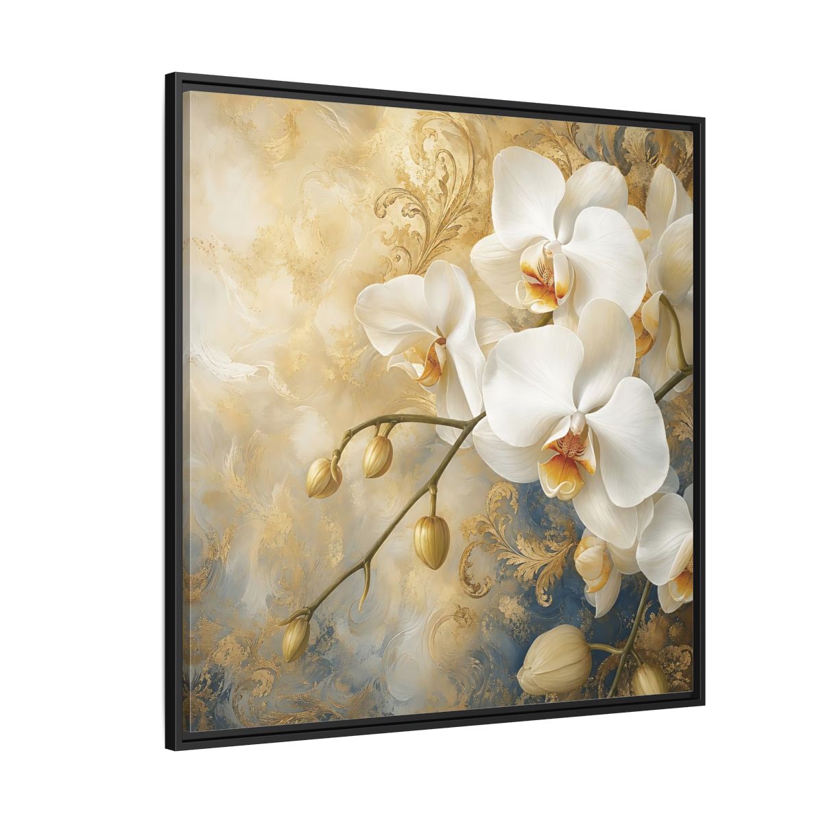 Side Mockup 6. Floral White Orchids White Gold Blue Floral shown as stretched canvas wall art