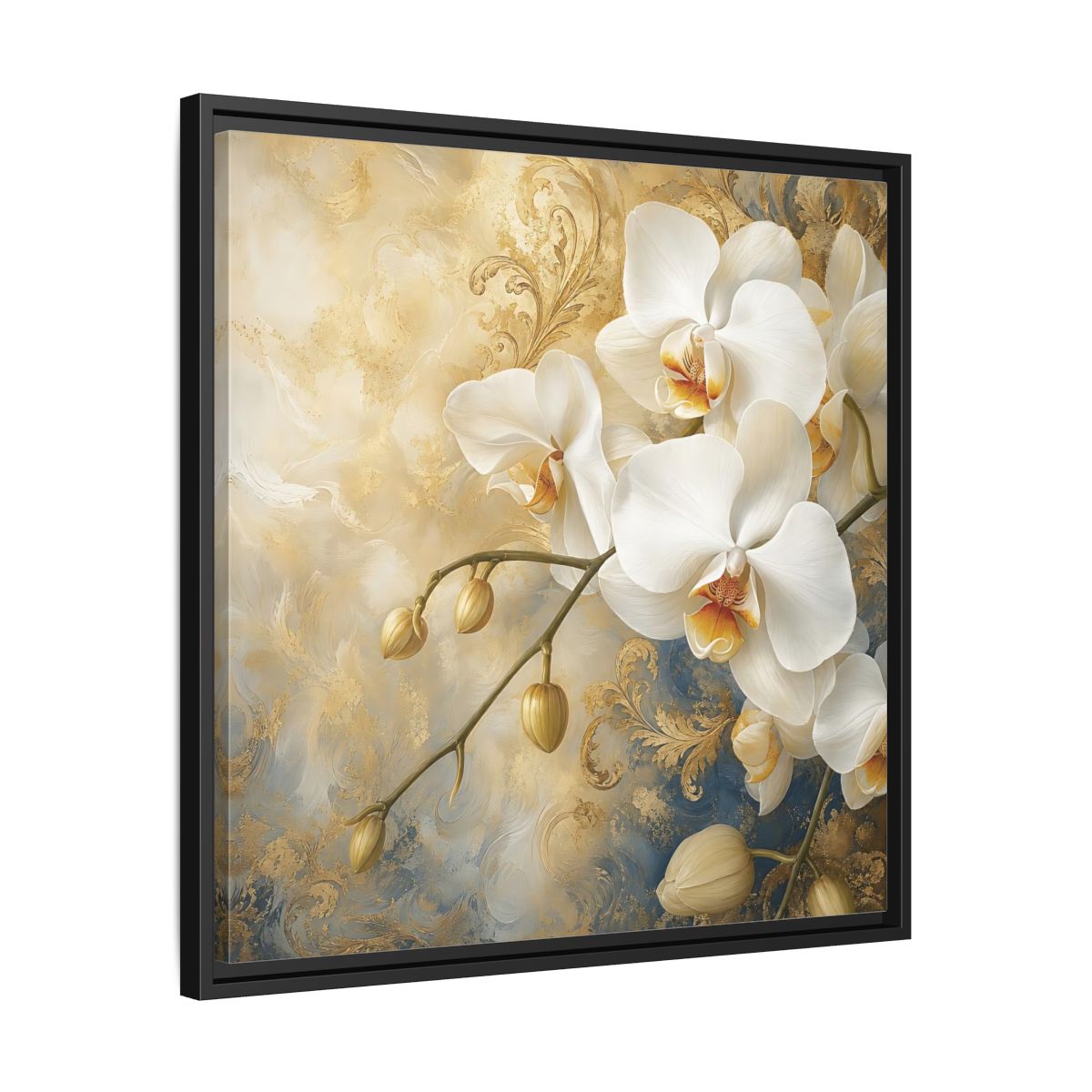 Side Mockup 31. Floral White Orchids White Gold Blue Floral shown as stretched canvas wall art